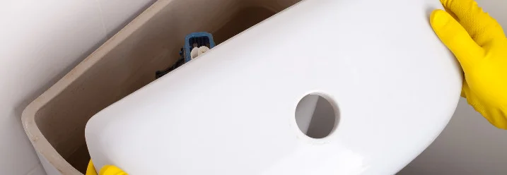 Hände mit Handschuhen heben Toilettendeckel ab